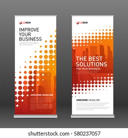 Industrial roll up banner design template. Abstract halftone effect with colored cityscape vector illustration on background.