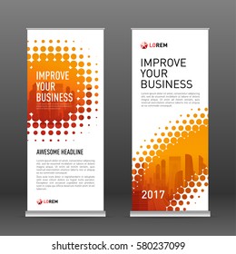 Industrial roll up banner design template. Abstract halftone effect with colored cityscape vector illustration on background.