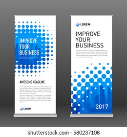 Industrial roll up banner design template. Abstract halftone effect with colored cityscape vector illustration on background.