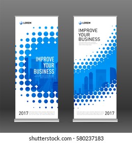 Industrial roll up banner design template. Abstract halftone effect with colored cityscape vector illustration on background.