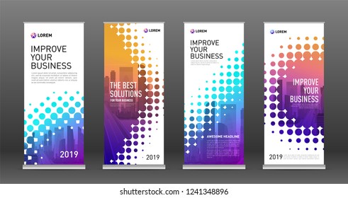 Industrial roll up banners design templates set. Vertical banner for event with halftone effect vector illustration on background.