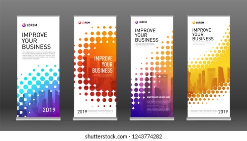 Industrial roll up banners design templates set. Vertical banner for event with halftone effect vector illustration on background.