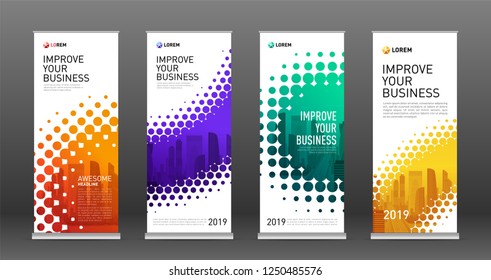 Industrial roll up banners design templates set. Vertical banner for event with halftone effect vector illustration on background.