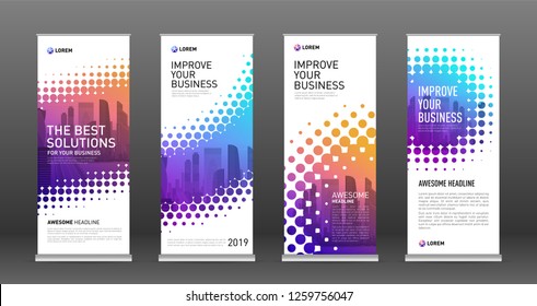 Industrial roll up banners design templates set. Vertical banner for event with halftone effect vector illustration on background.