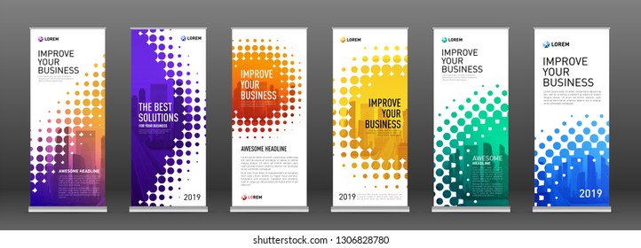 Industrial roll up banners design templates set. Vertical banner for event with halftone effect vector illustration on background.