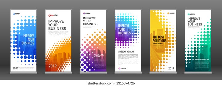 Industrial roll up banners design templates set. Vertical banner for event with halftone effect vector illustration on background.