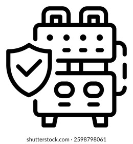 Industrial Safeguard: An icon depicts industrial equipment secured by a shield with a checkmark, symbolizing protection, safety, and reliability. Security server icon