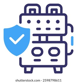 Industrial Safeguard: An icon depicts industrial equipment secured by a shield with a checkmark, symbolizing protection, safety, and reliability. Security server icon