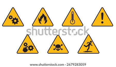 Industrial safety caution icons pack, Warning signs collection for workplace safety, Safety symbols for factory and mining