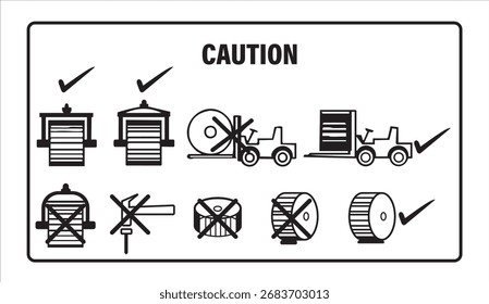 Industrial Safety Caution Sign Vector – Forklift, Storage, and Loading Safety Instructions Icons - Industrial Safety Signs