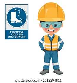 Industrial Safety Engineer with warning sign of mandatory use of safety boots. Protective footwear must be worn. Personal protective equipment. Industrial safety and occupational health at work