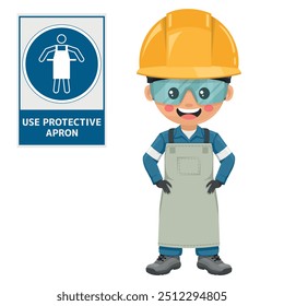 Industrial safety engineer wearing an apron to protect his body. Use protective apron sign. Safety first. Personal protective equipment. Industrial safety and occupational health at work