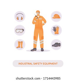 Industrial safety equipment flat concept vector illustration. Hardhat, gum shoes and accessories. Builder, engineer 2D cartoon character for web design. Injury prevention, work safety creative idea