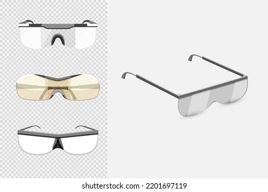 Gafas de seguridad industrial aisladas sobre un fondo transparente. Seguridad laboral y anteojos para protección ocular. Gafas de protección detalladas y realistas para los profesionales. Ilustración del vector