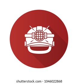 Industrial safety helmet flat linear long shadow icon. Miner hard hat with light. Vector outline symbol
