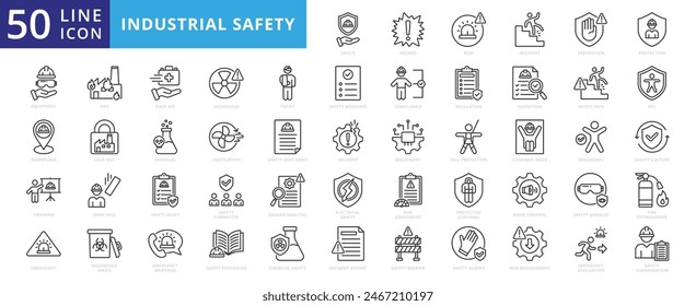 Industrial safety icon set with hazard, risk, management, accident, prevention, protection, equipment, workplace, incident report, training and emergency.