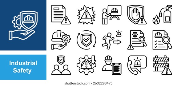 Industrial safety icon set with hazard, risk, management, accident, prevention, protection, equipment, workplace, incident report, training and emergency.