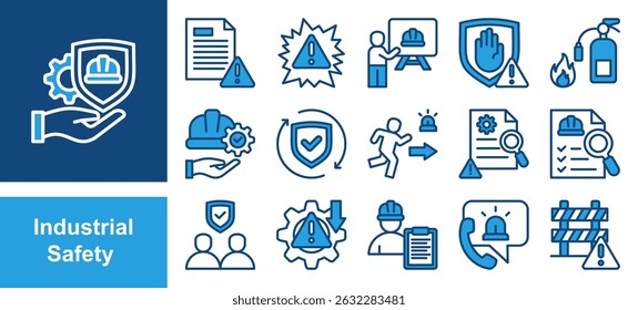 Industrial safety icon set with hazard, risk, management, accident, prevention, protection, equipment, workplace, incident report, training and emergency.