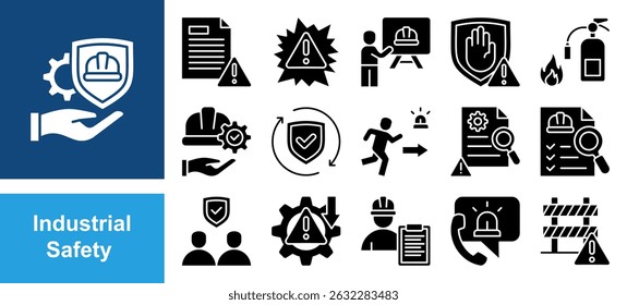Industrial safety icon set with hazard, risk, management, accident, prevention, protection, equipment, workplace, incident report, training and emergency.