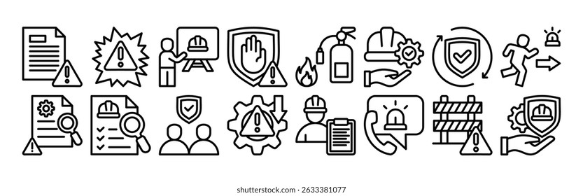 Industrial safety icon set with hazard, risk, management, accident, prevention, protection, equipment, workplace, incident report, training and emergency.