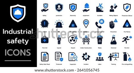 Industrial safety icon set. hazard, emergency, protection, risk, safe, security, warning and more. Solid vector icons collection