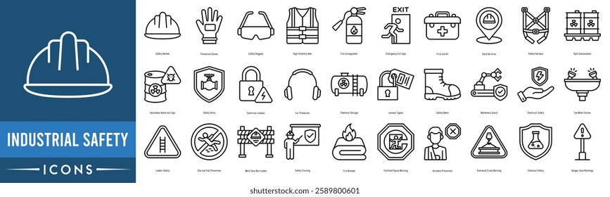 Industrial Safety icon set. Safety Helmet, Protective Gloves, Safety Goggles, High-Visibility Vest, Fire Extinguisher, Emergency Exit Sign, First Aid Kit and Hard Hat Area