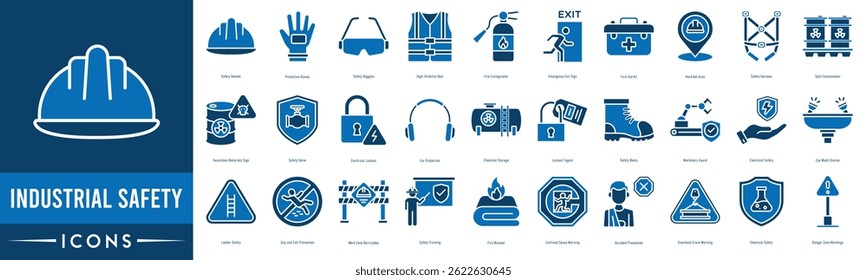 Industrial Safety icon set. Safety Helmet, Protective Gloves, Safety Goggles, High-Visibility Vest, Fire Extinguisher, Emergency Exit Sign, First Aid Kit and Hard Hat Area