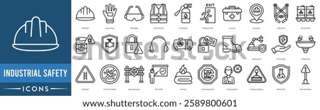 Industrial Safety icon set. Safety Helmet, Protective Gloves, Safety Goggles, High-Visibility Vest, Fire Extinguisher, Emergency Exit Sign, First Aid Kit and Hard Hat Area