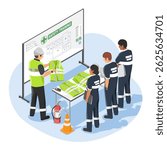 Industrial safety instructor demonstrating high visibility vests to factory workers during a safety training session with equipment and emergency procedures cartoon