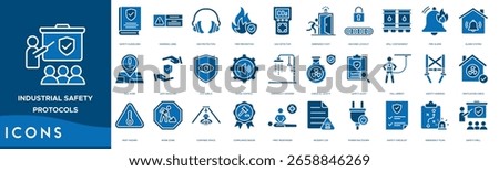 Industrial Safety Protocols icon set. Safety Guidelines, Warning Label, Ear Protection, Fire Prevention, Gas Detector, Emergency Exit and Machine Lockout