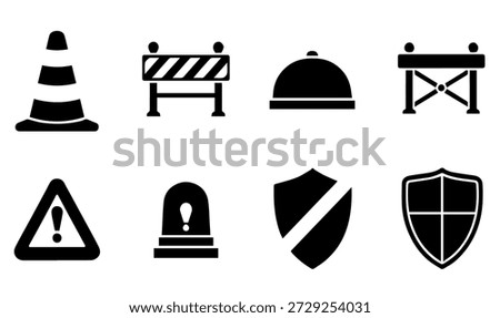 Industrial Safety and Security Icon Set Vector Collection Construction Warning Barrier Shield Alert Siren Traffic Cone Clipart
