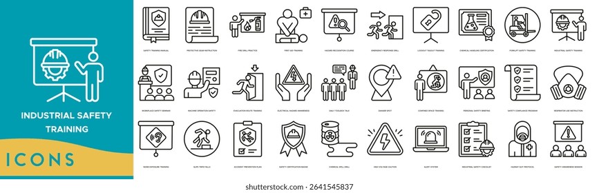 Industrial Safety Training icon set. Safety Training Manual, Protective Gear Instruction, Fire Drill Practice, First Aid Training, Hazard Recognition Course and Emergency Response Drill
