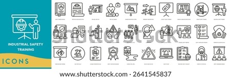 Industrial Safety Training icon set. Safety Training Manual, Protective Gear Instruction, Fire Drill Practice, First Aid Training, Hazard Recognition Course and Emergency Response Drill