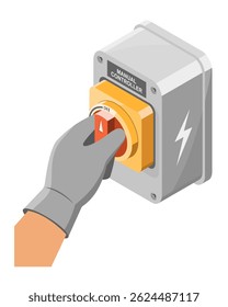 Ilustração de treinamento de segurança industrial de um trabalhador usando luvas de proteção girando um interruptor de energia manual para prevenção de riscos elétricos no local de trabalho de fábrica