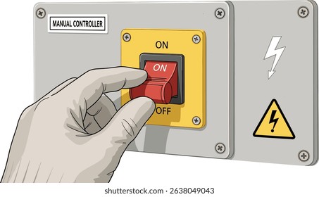 Industrial safety training illustration of a worker wearing protective gloves turning a manual power switch for electrical hazard prevention in factory workplace 