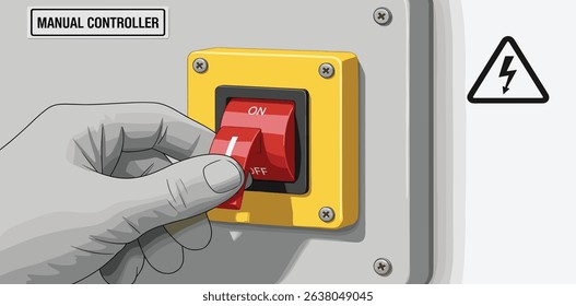 Industrial safety training illustration of a worker wearing protective gloves turning a manual power switch for electrical hazard prevention in factory workplace 