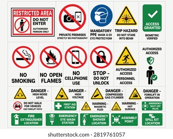 Industrial safety and warning sign vector set with restricted area and hazard icons