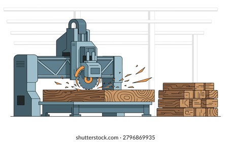Industrial saw machine cutting through thick wooden plank creates sawdust particles near stack of finished lumber boards in carpentry workshop.