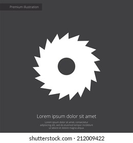 industrial saw premium illustration icon, isolated, white on dark background, with text elements 