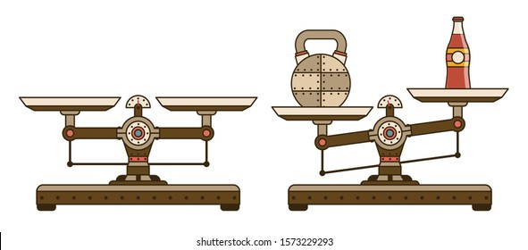 Industrial scales with weights - steampunk cartoon style. Vector illustration.