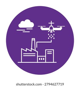 Industrial scene with drone flying over factory buildings on a cloudy day