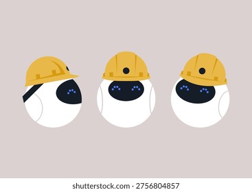 Industrial scene, three adorable robots don colorful hard hats, expressing a fun take on construction, Each design brings a charming character to the theme, inviting smiles and creativity. - Powered by Shutterstock - Get 15% off with code: PIKWIZARD15