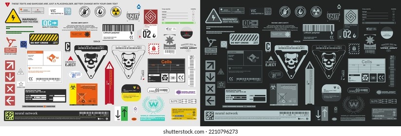 Industrial sci fi decal, or warning label sign for hard surface render vector collection with fully custom made layout and logo