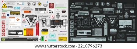 Industrial sci fi decal, or warning label sign for hard surface render vector collection with fully custom made layout and logo Imagine de stoc © 