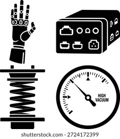 Industrial and scientific components featuring a robotic arm, electronic device, spring, and vacuum gauge isolated on white background, Vector