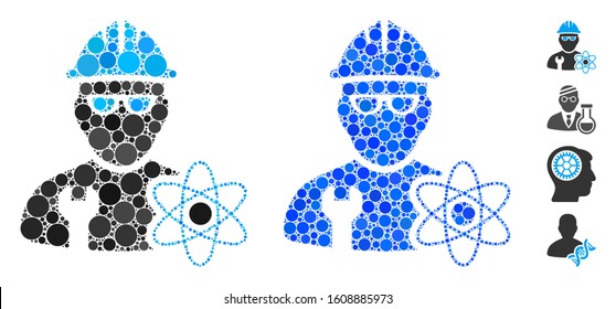 Industrial scientist mosaic of filled circles in various sizes and color tinges, based on industrial scientist icon. Vector filled circles are combined into blue collage.