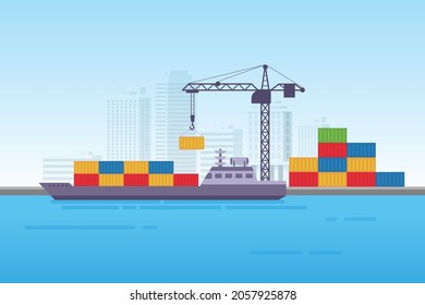 Industrial Sea Freight Ship Cargo Logistics Container Vector Illustration