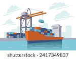 Industrial sea port cargo logistics container, ship crane water delivery transportation isometric concept