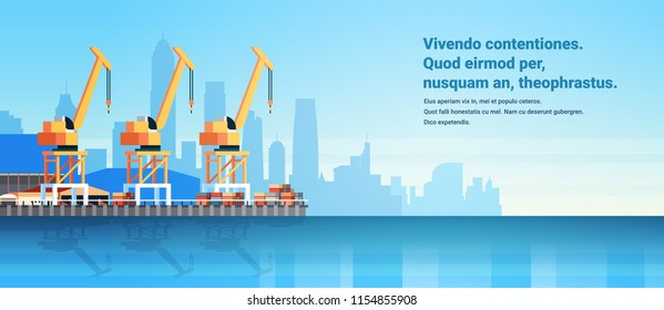 Industrial sea port cargo logistics container import export crane water delivery transportation concept shipping dock flat horizontal copy space vector illustration