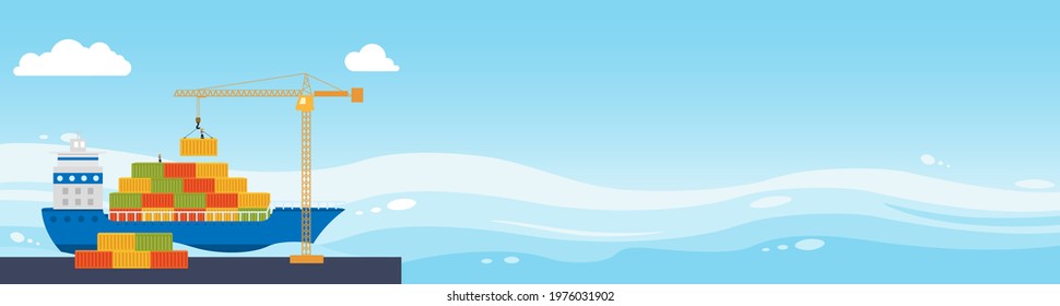 Industrial sea port cargo logistics container. Crane loads cargo on to cargo barge. Freight ship  carries import and export. Wide banner with copy space for text. Vector flat illustration